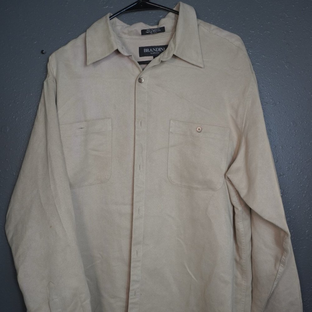 Brandini Mens Tan Fuax Suede Long Sleeve Polyester Button Down Shirt Size Large